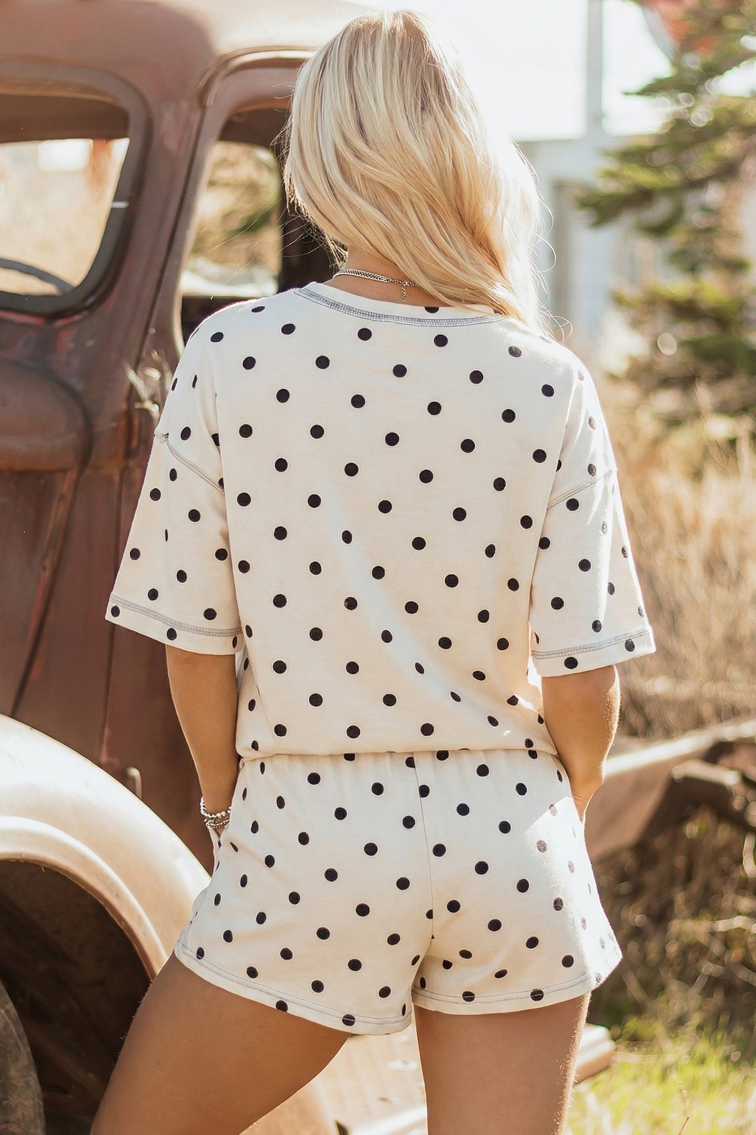 LivelyLooks White Polka Dot Exposed Seam Loose Tee & Drawstring Shorts Set S-XL women's fashion
