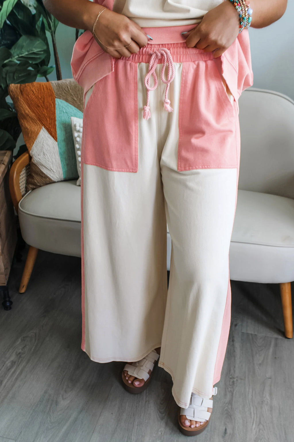 White Two-Tone Colour Block Patchwork Tee & Drawstring Loose Pant Set | UK 8–22