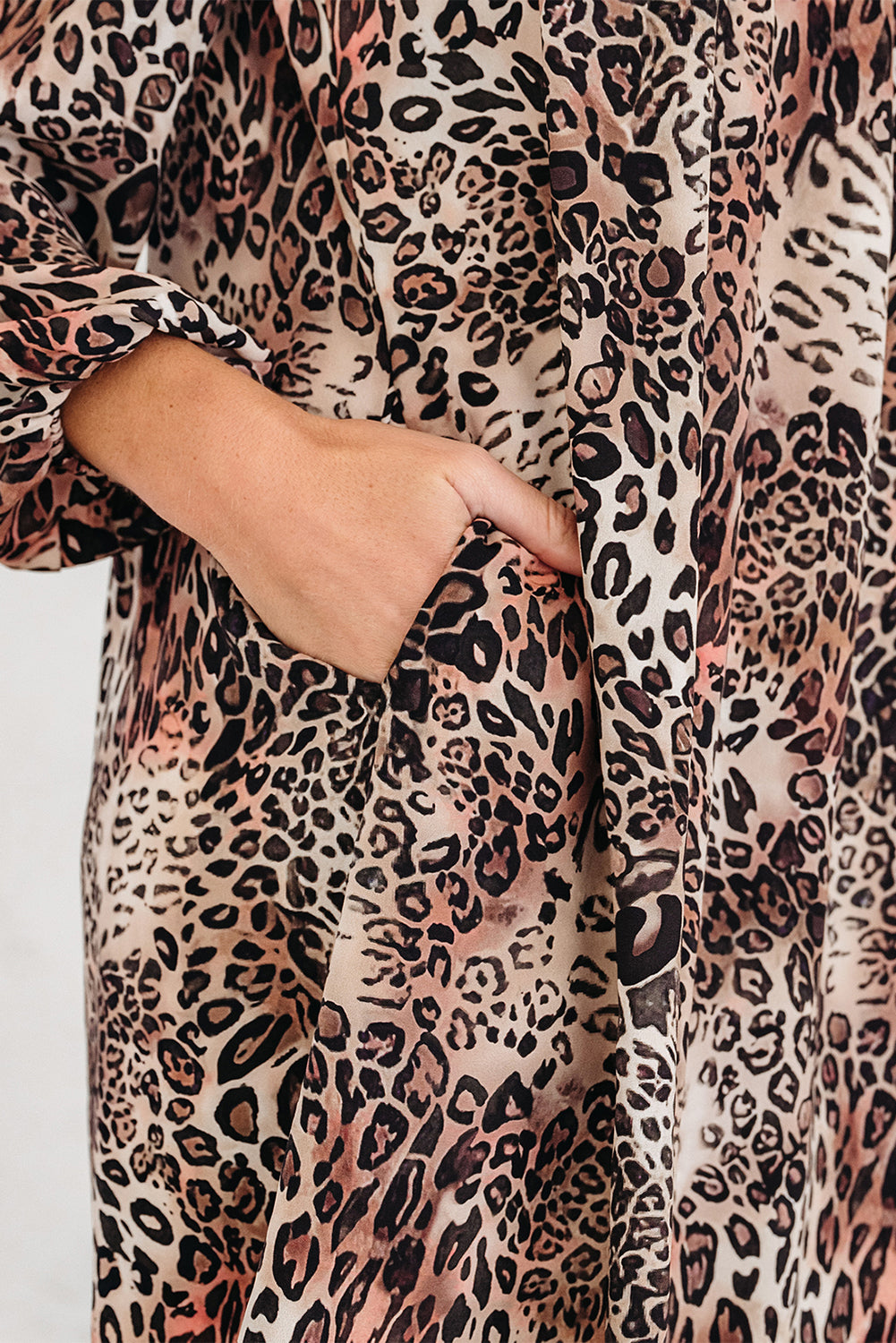 Women's Brown Leopard Ruffled Detail Long Sleeve Loose Mini Dress at LivelyLooks