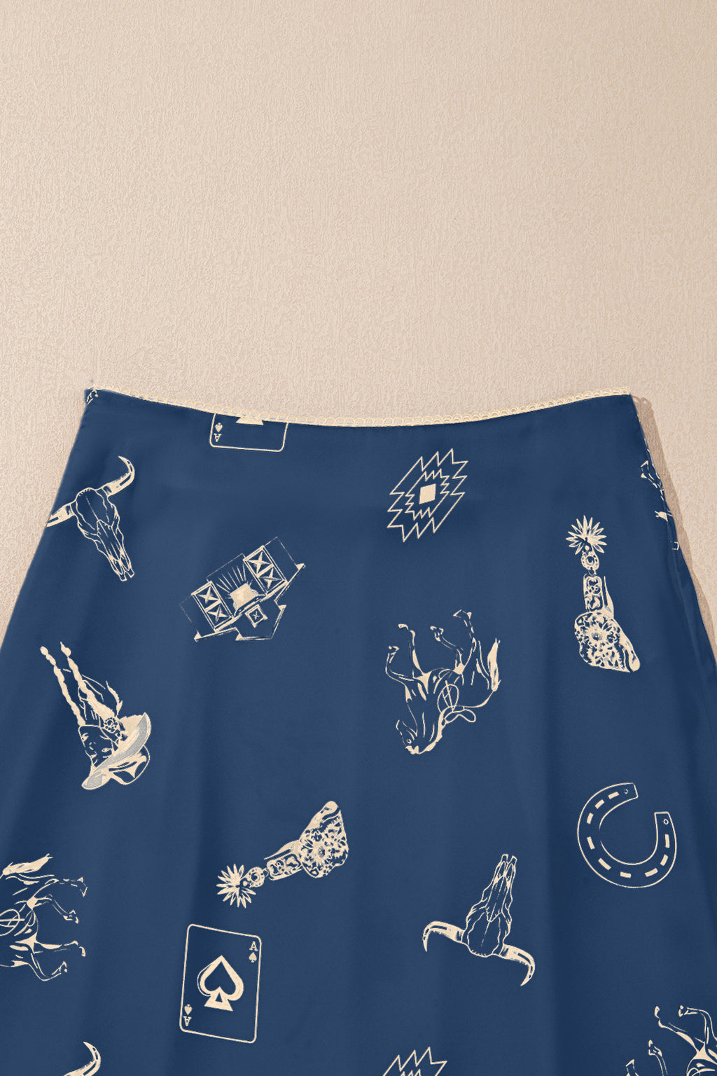 Women's Navy Blue Western Print Satin Long Skirt at LivelyLooks