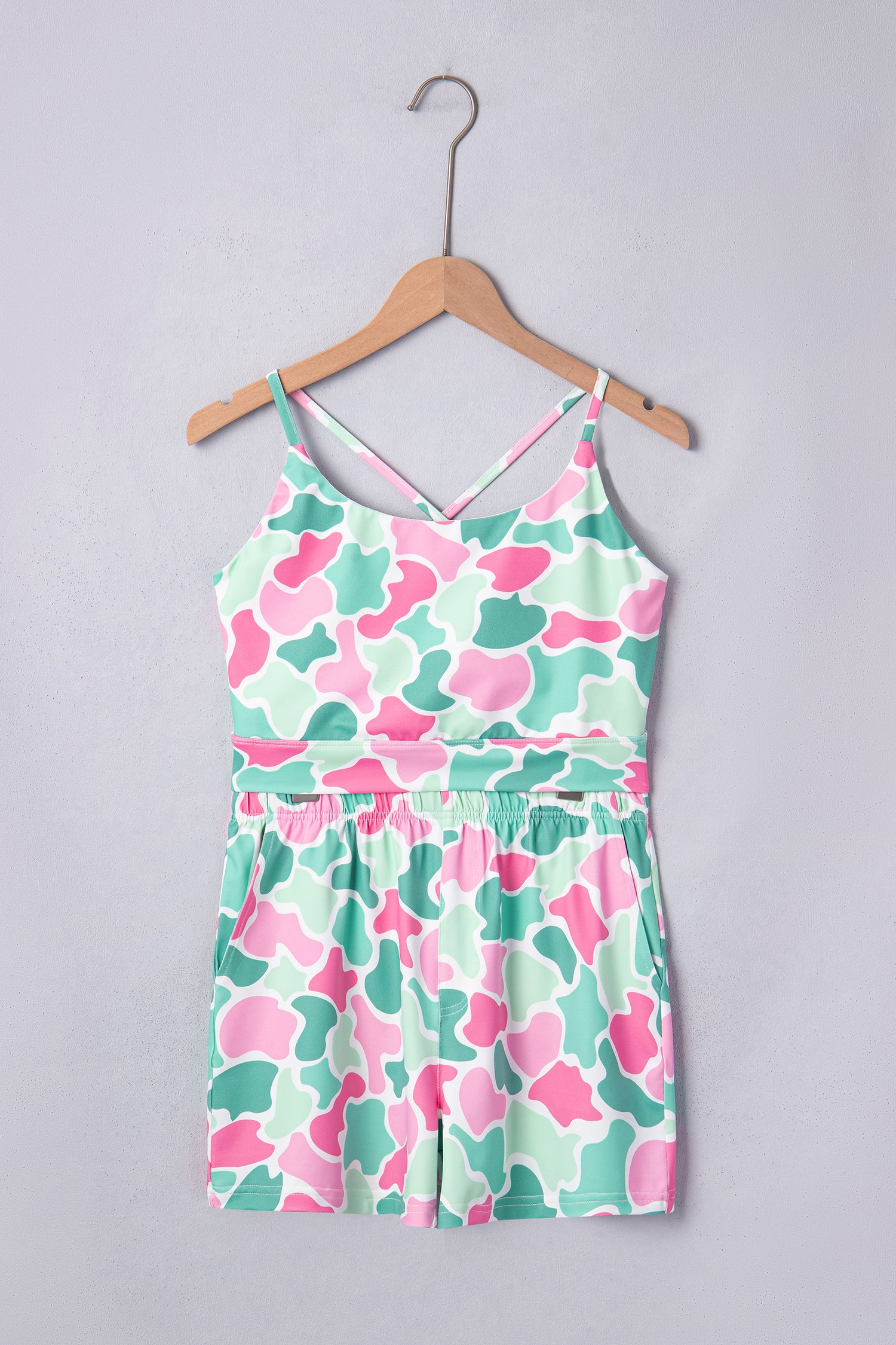 Camo Print Cropped Tank High-Rise Shorts Athleisure Set Green Multicolour S-XL
