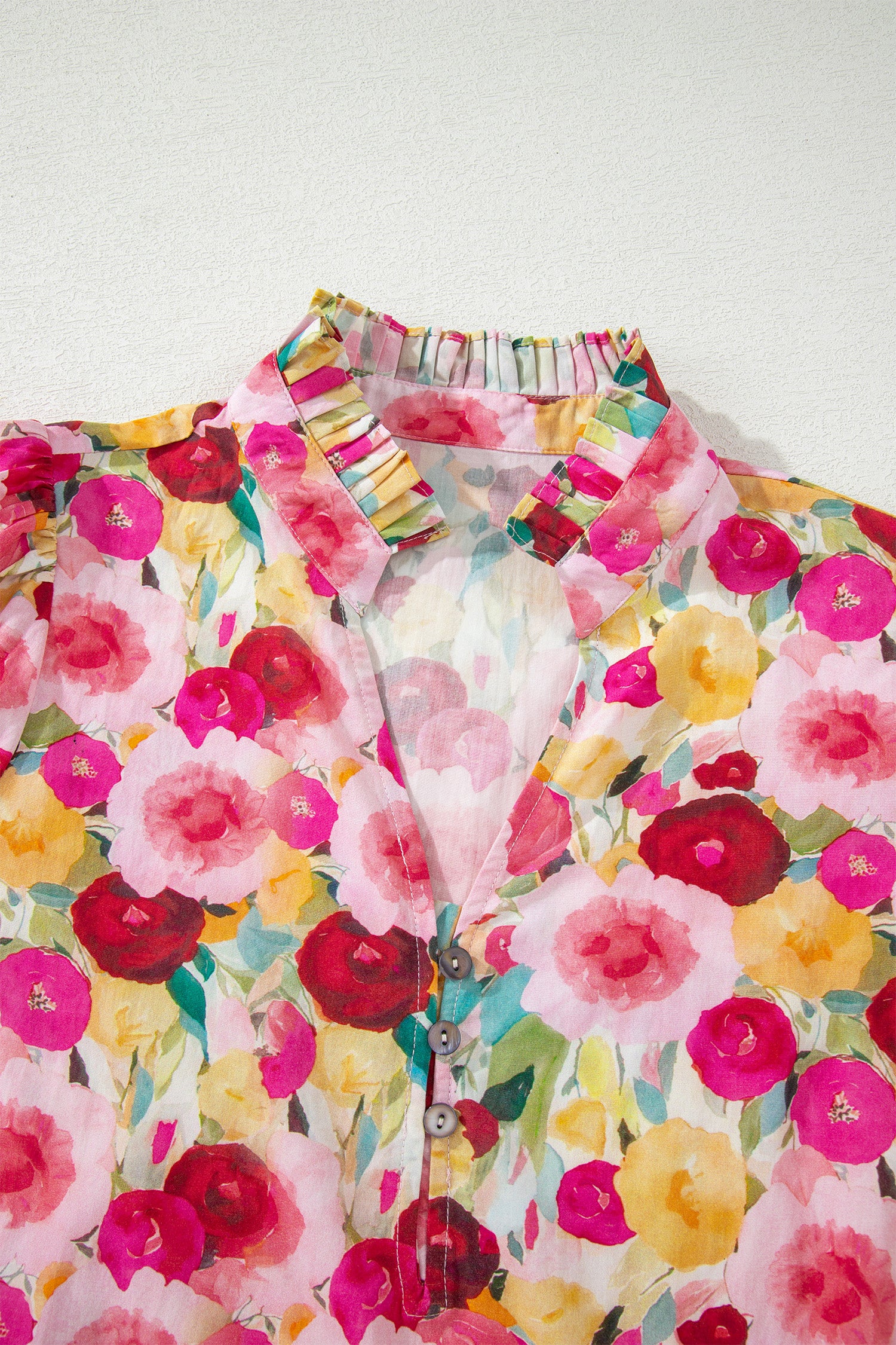 Pink Floral Frilled V Neck Puff Sleeve Blouse