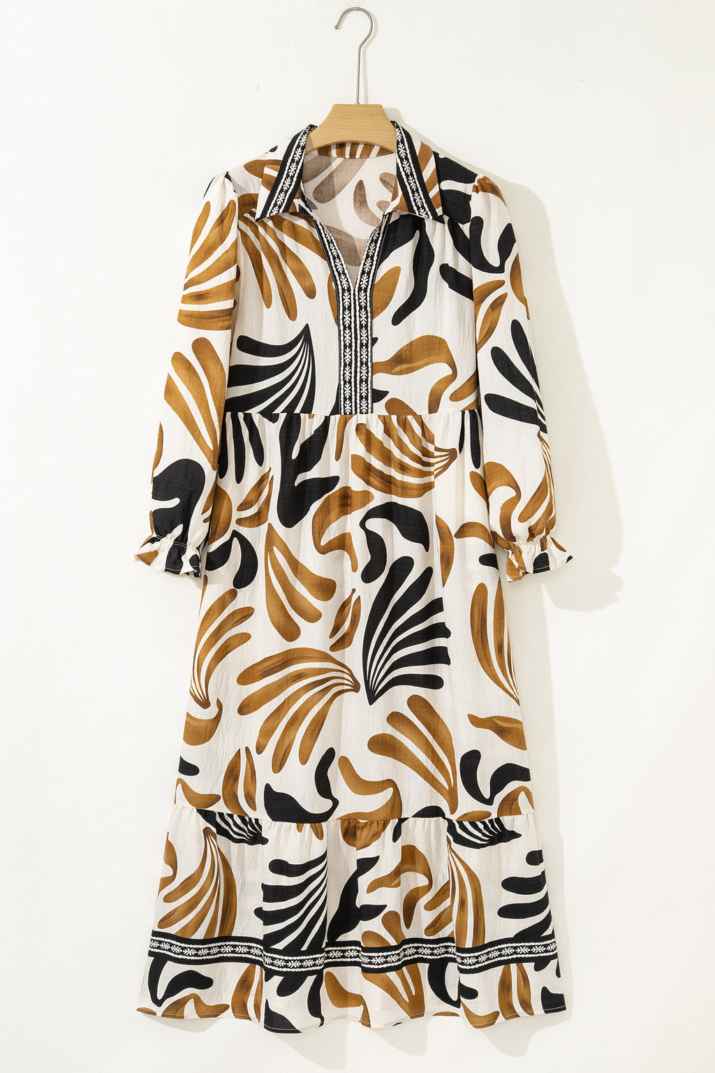 Women's Brown Tropical Printed Contrast Trim Neck Long Sleeve Ruffle Hem Dress at LivelyLooks