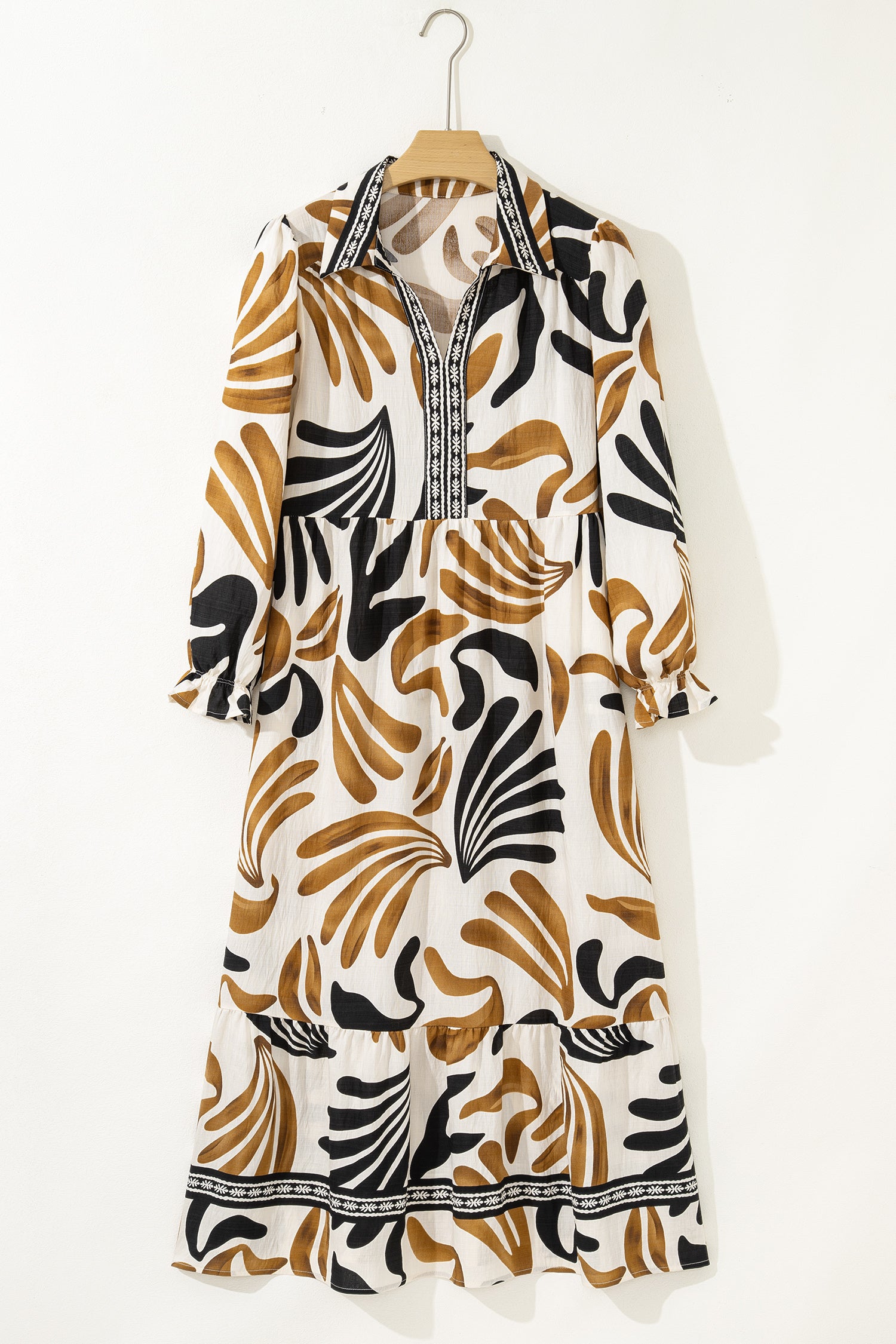 Women's Brown Tropical Printed Contrast Trim Neck Long Sleeve Ruffle Hem Dress at LivelyLooks