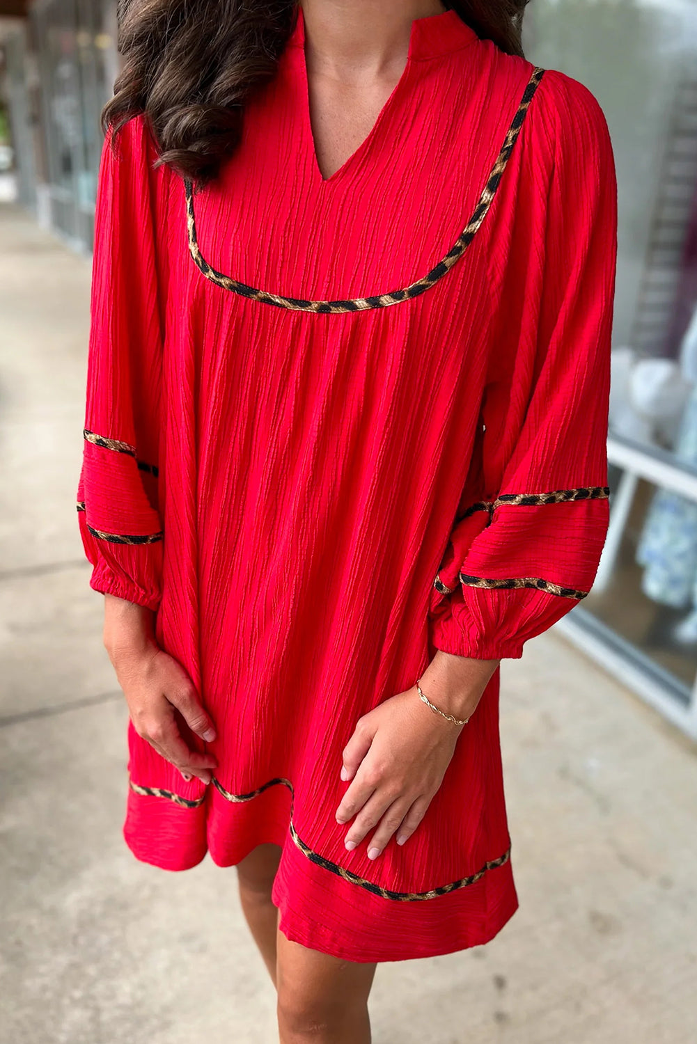Women's Fiery Red Textured V Neck Leopard Contrasted Trim Long Sleeve Shift Mini Dress at LivelyLooks