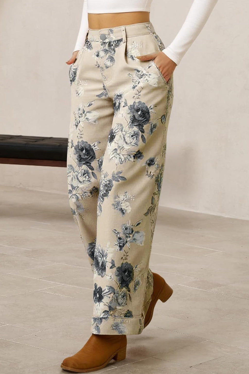 Beige Retro Floral Print Loose Jeans Turn-Up Cuffed Hem Women UK 4-16