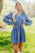 LivelyLooks Blue Denim Puff Sleeve V-Neck Ruffled Mini Dress women's fashion