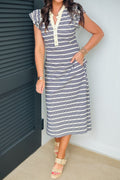 Blue Stripe Ruffled Sleeve Notch Neck Midi Dress | Contrast Trim