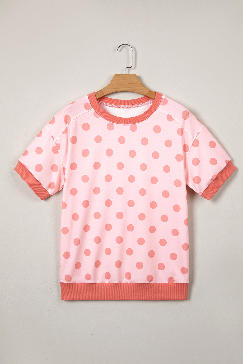 Shop Pink Color Block Trim Polka Dot Casual Tee at LivelyLooks