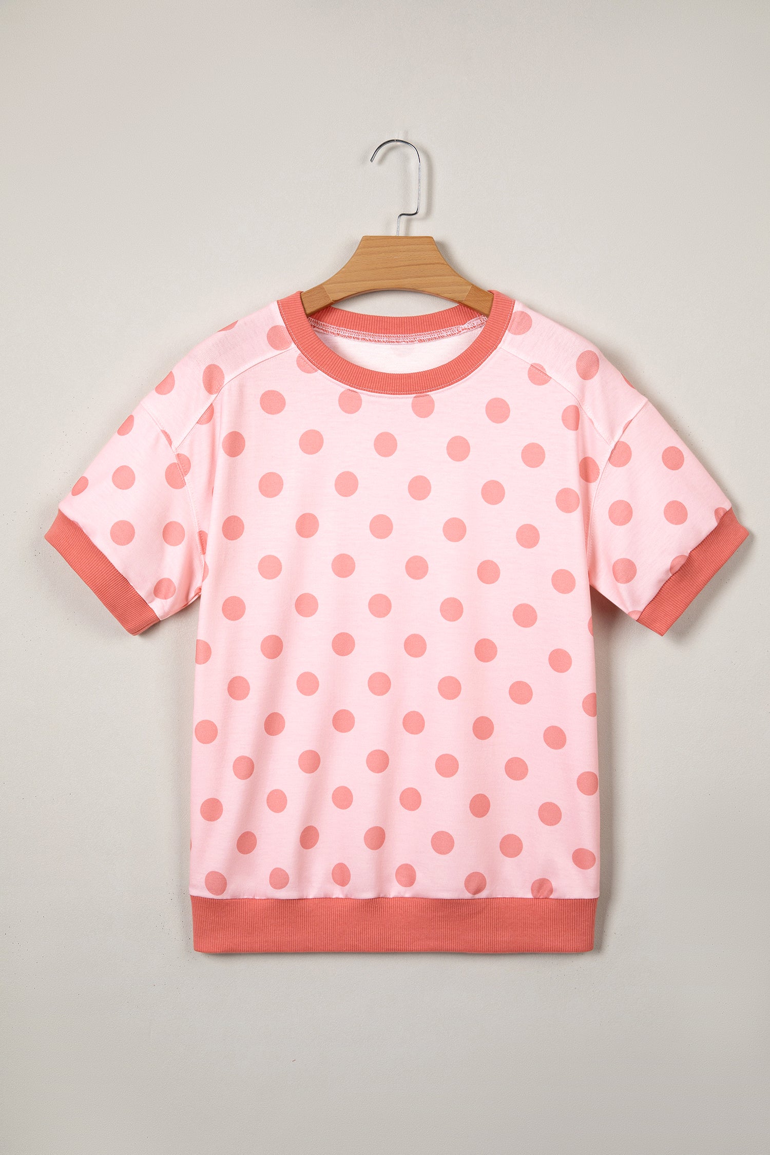 Shop Pink Color Block Trim Polka Dot Casual Tee at LivelyLooks