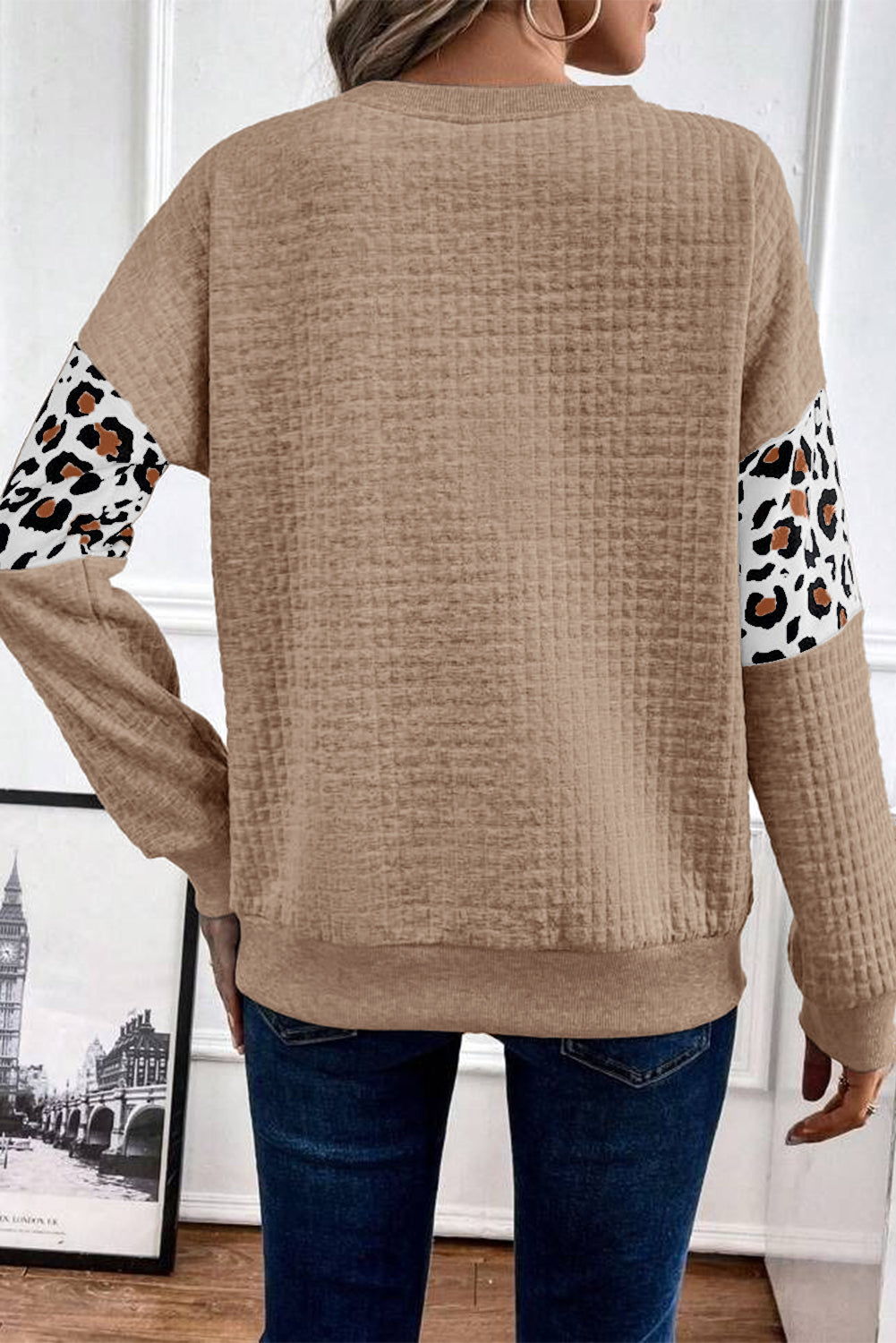LivelyLooks Leopard Quilted Patchwork Crew Neck Sweatshirt Animal Print Casual Jumper Top women's fashion