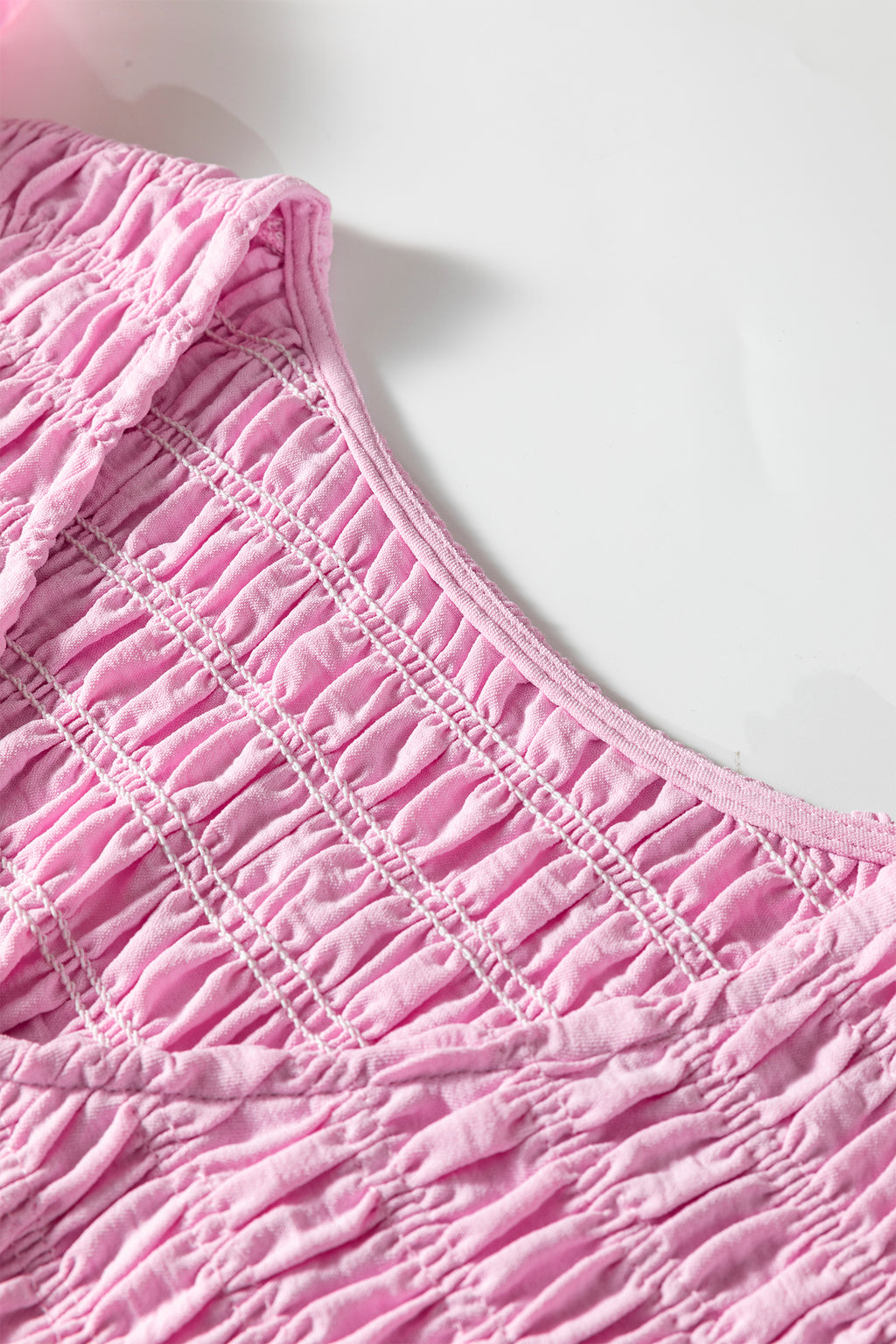 Women's Pink Smocked Bodice Flutter Sleeve Fit & Flare Tiered Midi Dress at LivelyLooks