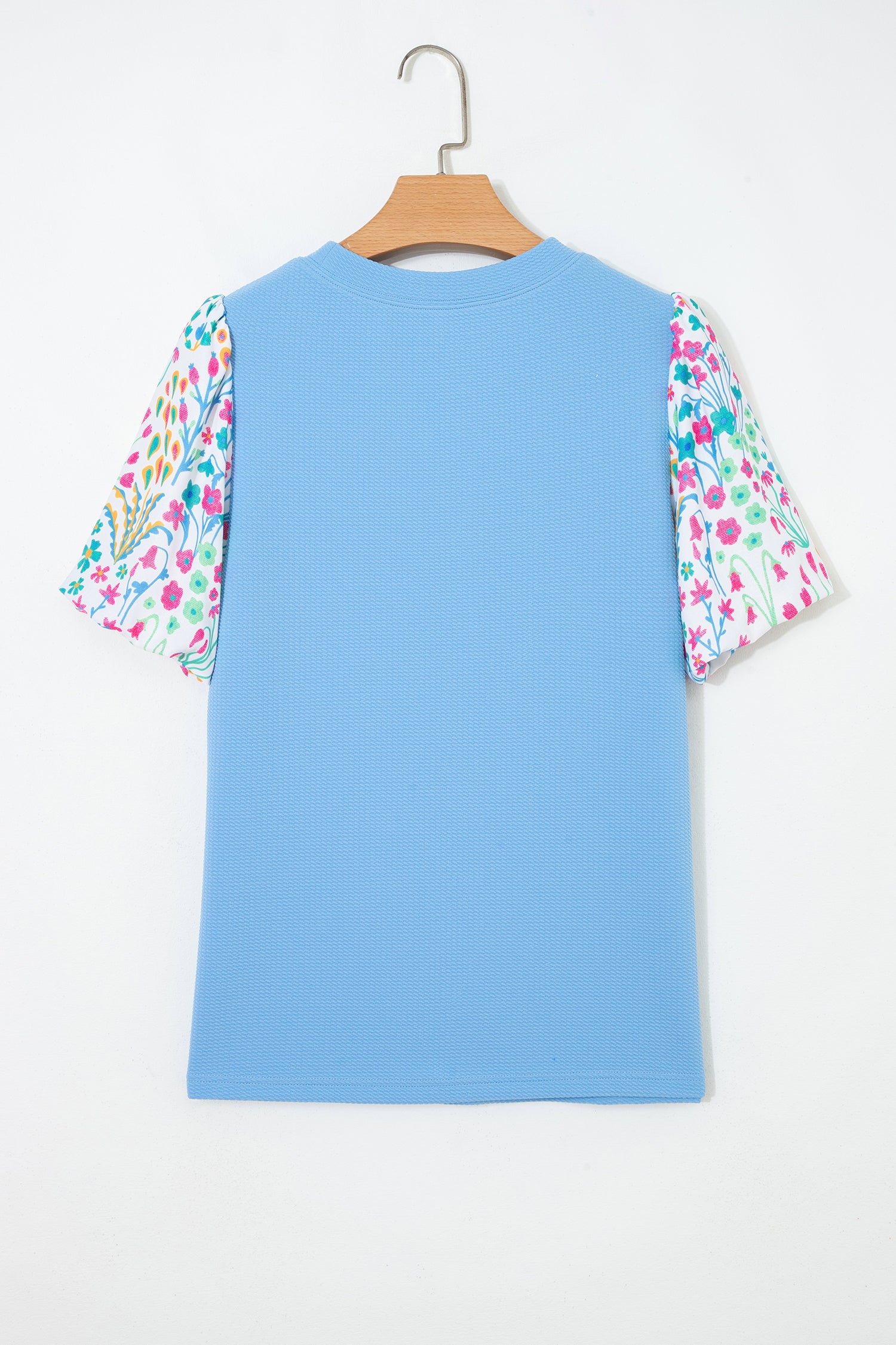 Pink Floral Bubble Sleeve Textured Contrast Round Neck Blouse