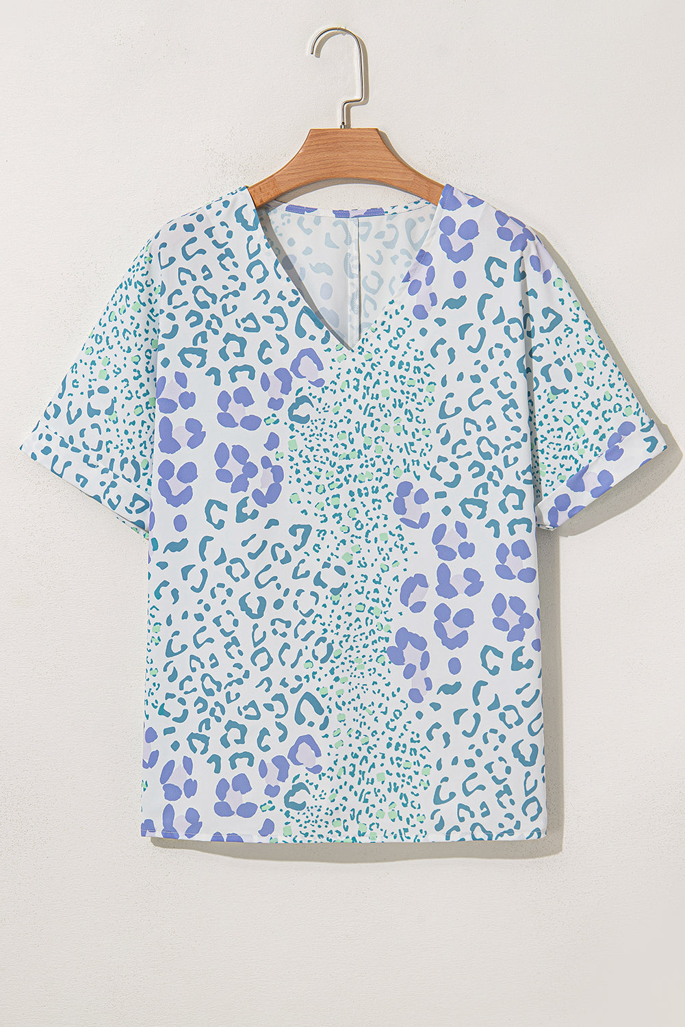Leopard Print V Neck Blouse Short Sleeve Sky Blue Pink Green Women S-XL