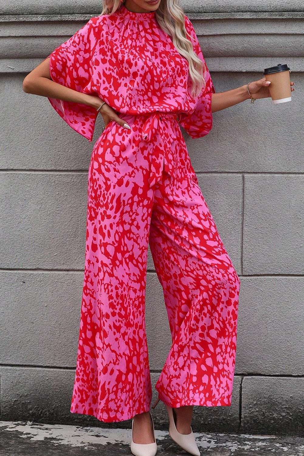 Women's Rose Leopard Print Belted Wide Leg Jumpsuit at LivelyLooks