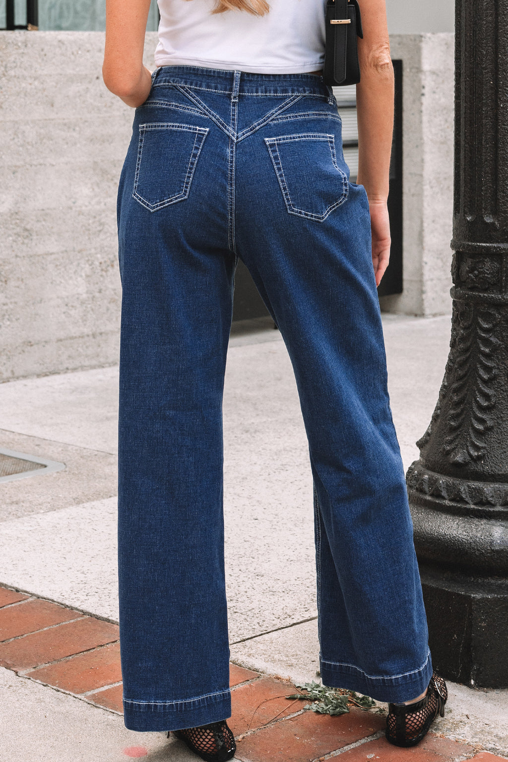 Sail Blue Loose Cuffed Jeans Stitched Waist Detail Women UK 4-16