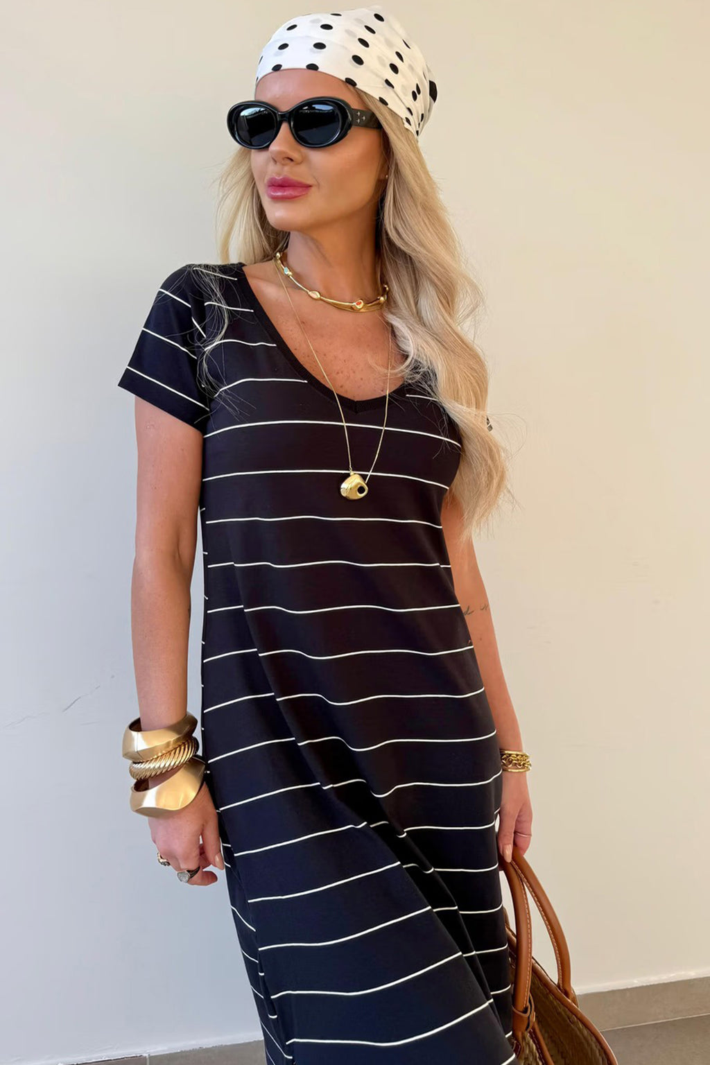 Khaki Stripe Casual Short Sleeve Side Slit Maxi T-Shirt Dress S-XL