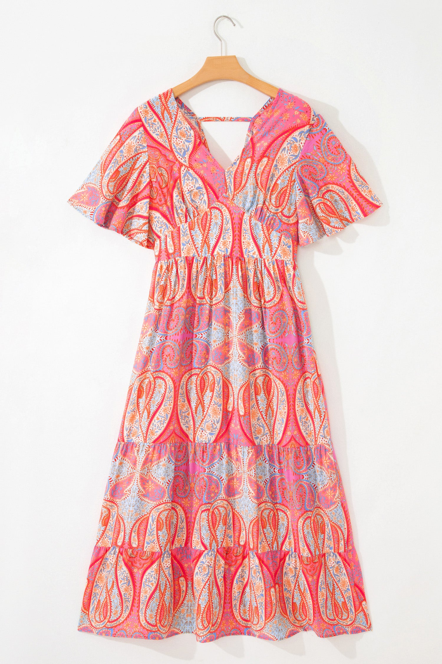 Multicolour Paisley Print V-Neck Flutter Sleeve Boho Maxi Dress