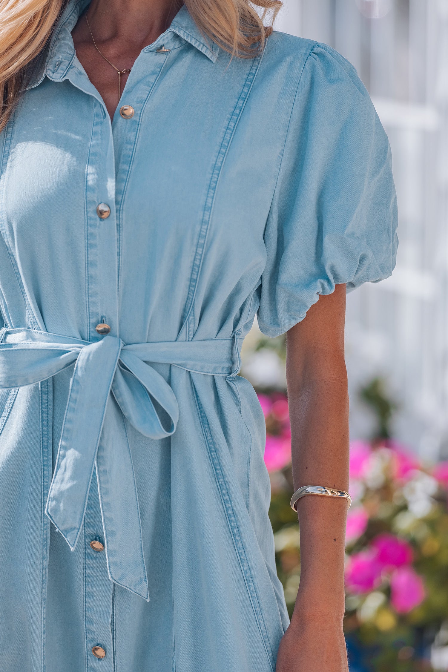 Women's Blue Button-Down Collared Bubble Sleeve Long Denim Dress at LivelyLooks
