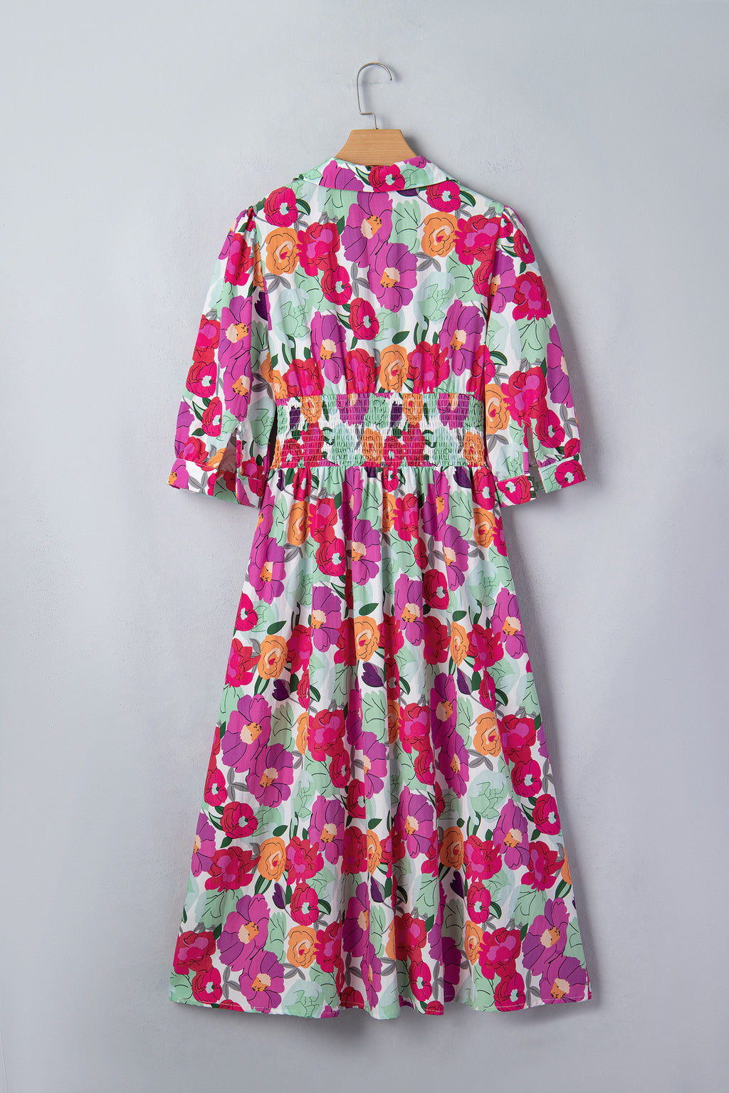 Rose Floral Print Zip Front Shirred Waist Flared Half Sleeve Midi Dress S-XL