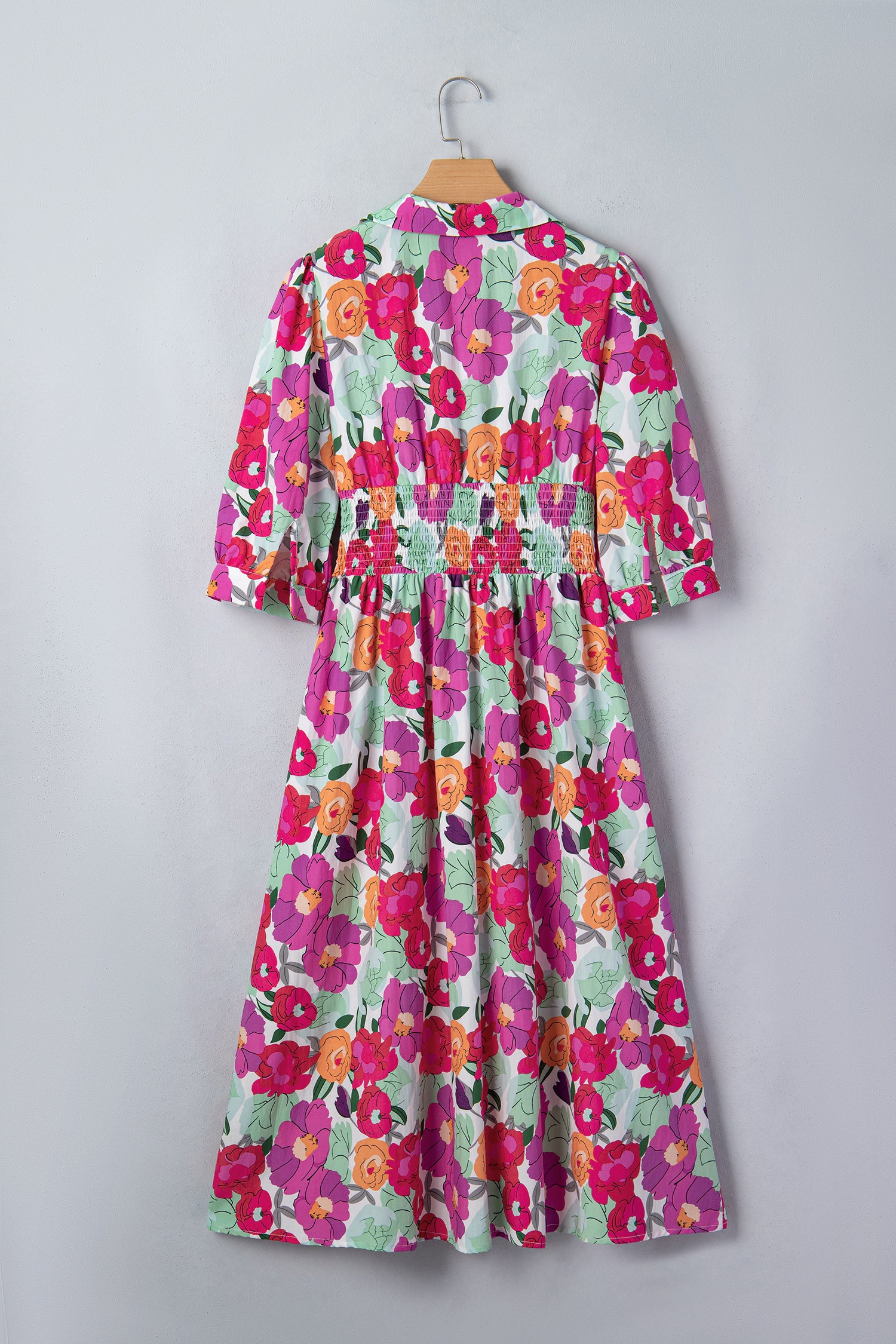 Rose Floral Print Zip Front Shirred Waist Flared Half Sleeve Midi Dress S-XL