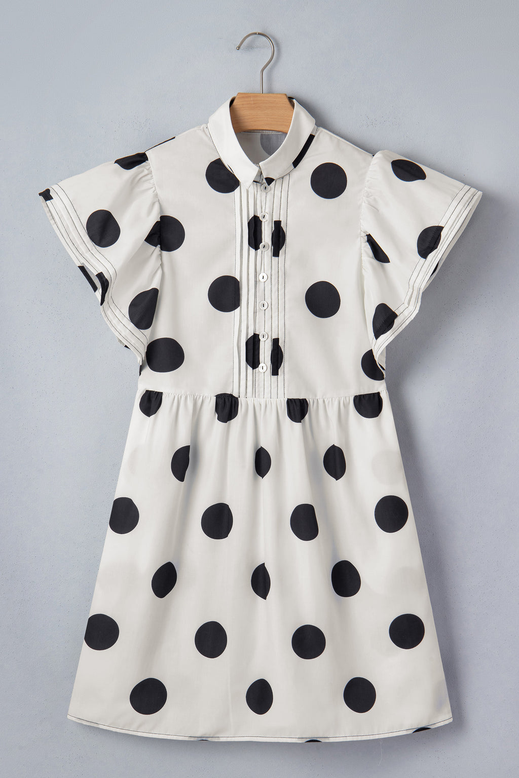 White Polka Dot Half Button Ruffled Short Sleeve Loose Mini Dress S-XL