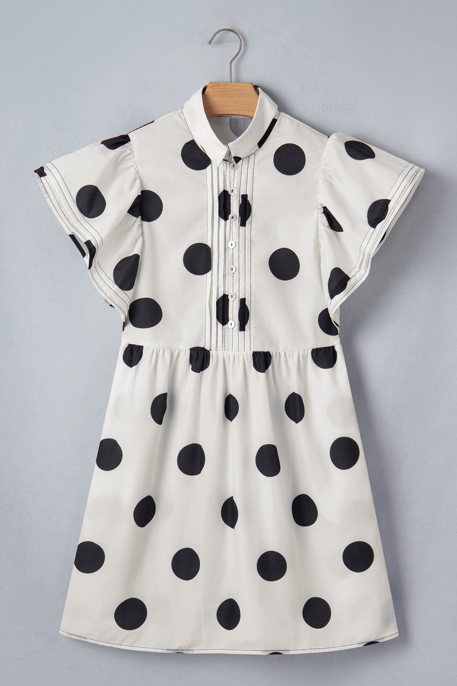 White Polka Dot Half Button Ruffled Short Sleeve Loose Mini Dress S-XL