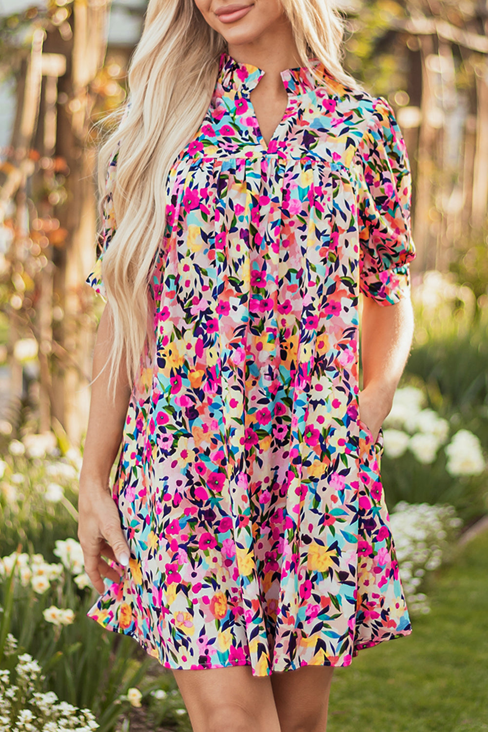 Pink Floral Puff Sleeve V Neck Mini Dress S-XL