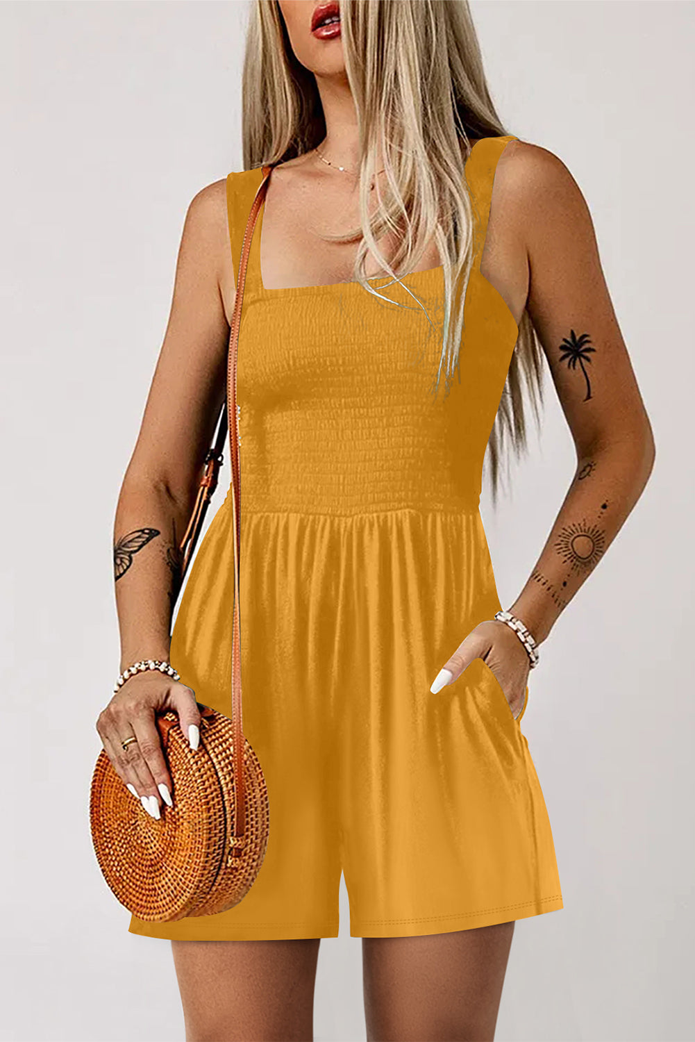 Women's Smocked Square Neck Sleeveless Romper with Pockets at LivelyLooks
