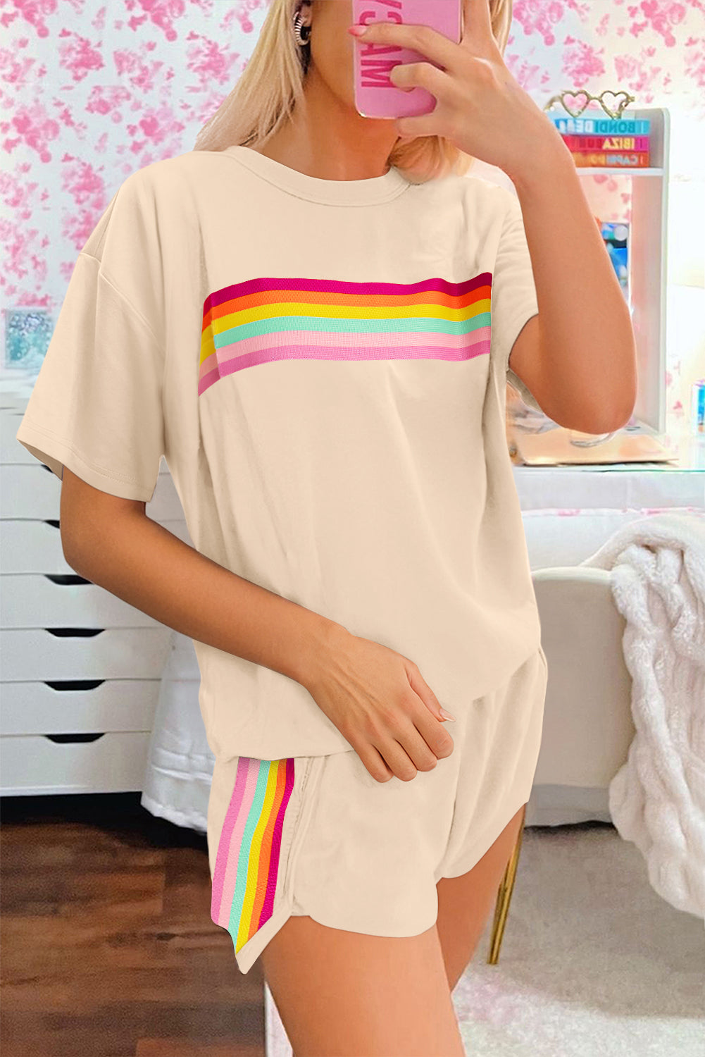 Vibrant Striped Athleisure Short Set | Rose Red & Beige