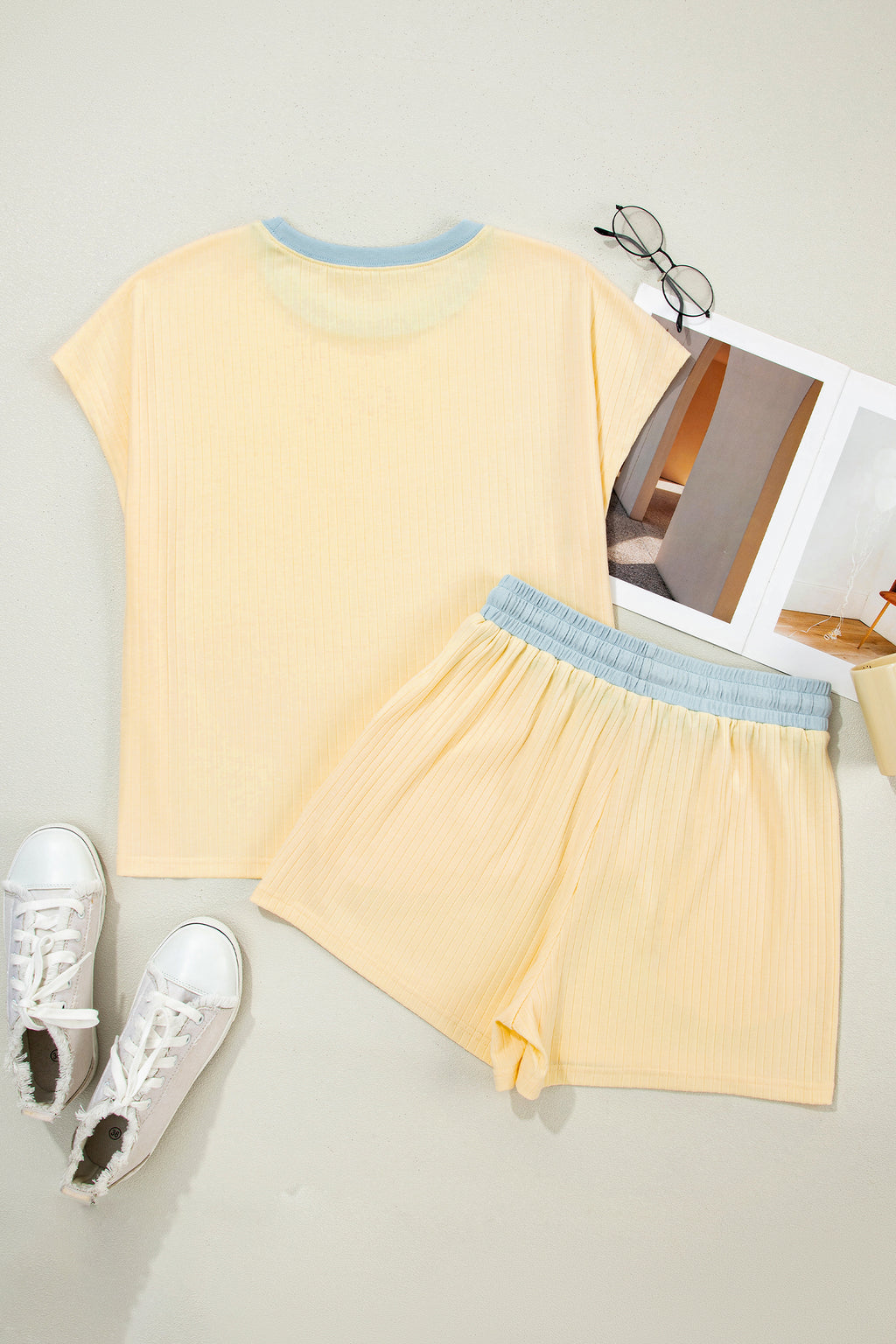 Mist Blue Ribbed Colour Block Tee & Shorts Co-ord Set