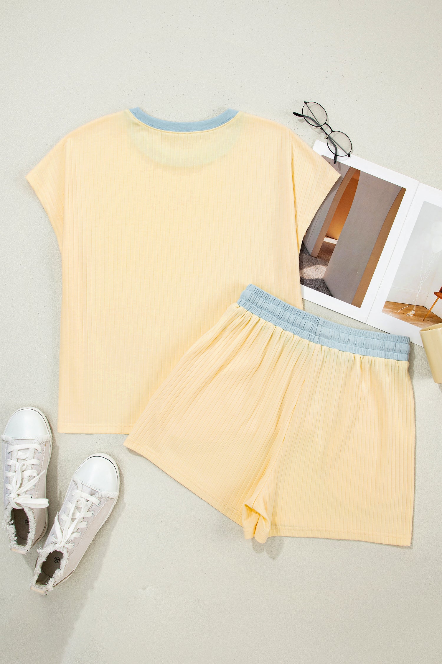 Mist Blue Ribbed Colour Block Tee & Shorts Co-ord Set
