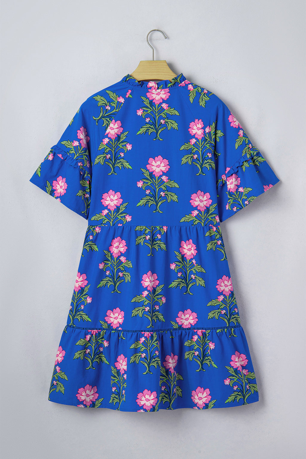 Blue V Neck Short Sleeve Loose Floral Maxi Dress S-XL