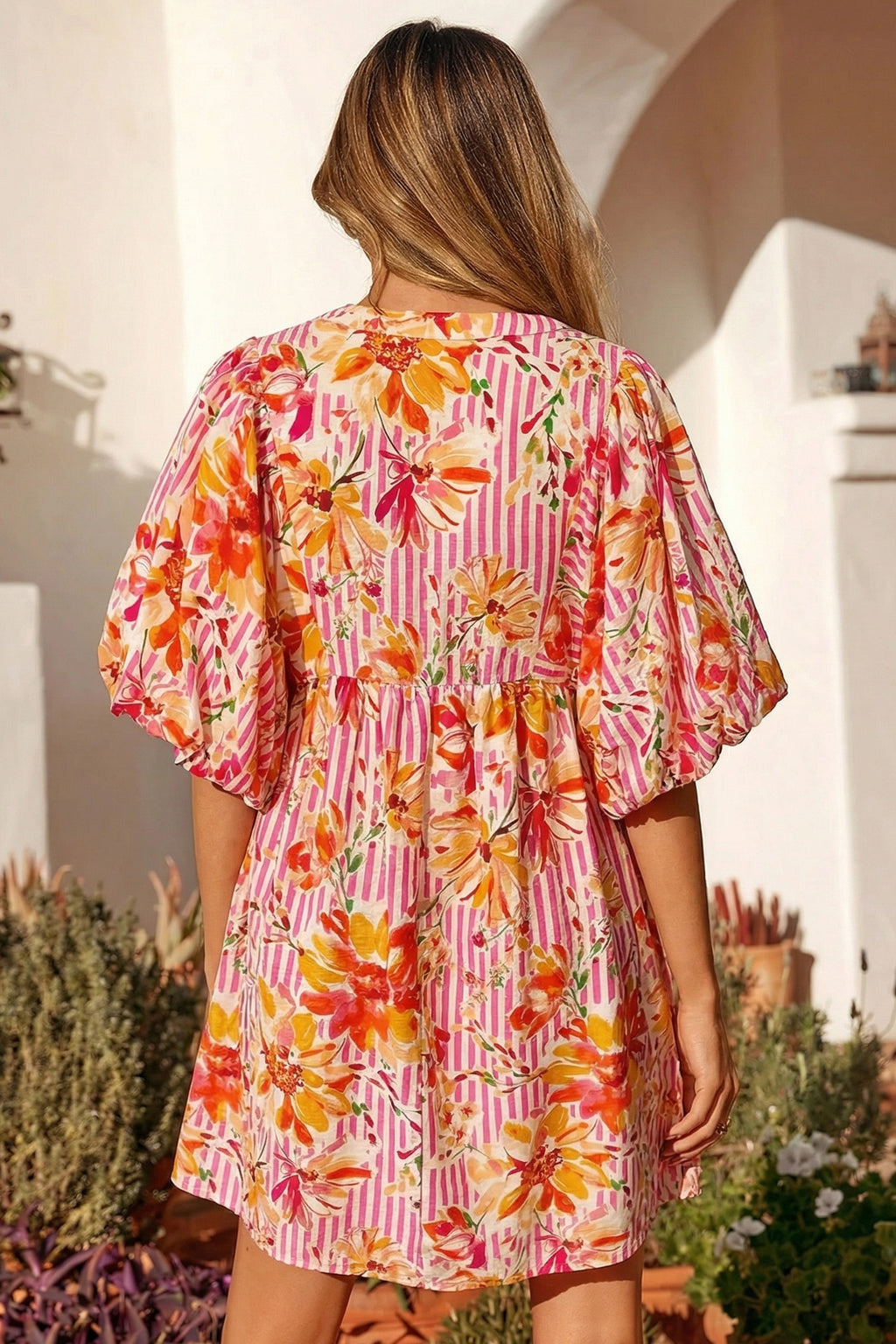 Pink Striped Floral Tie Neck Puff Sleeve Loose Mini Dress S-XL