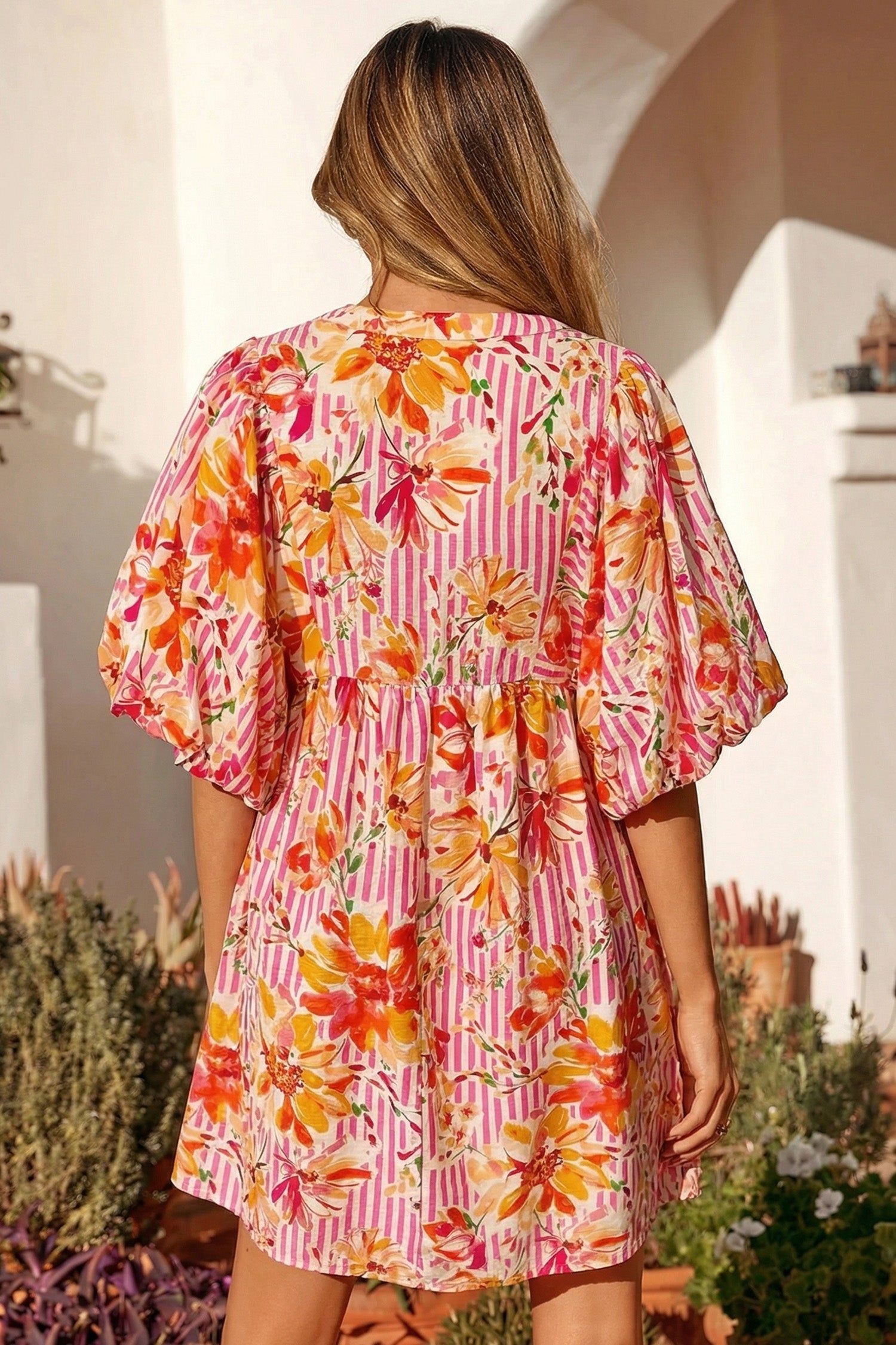 Pink Striped Floral Tie Neck Puff Sleeve Loose Mini Dress S-XL