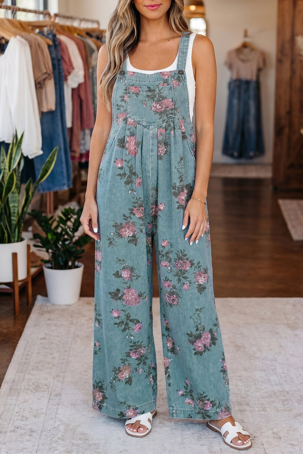 LivelyLooks Floral Print Pleated High Waist Wide Leg Denim Jumpsuit | S-XL women's fashion
