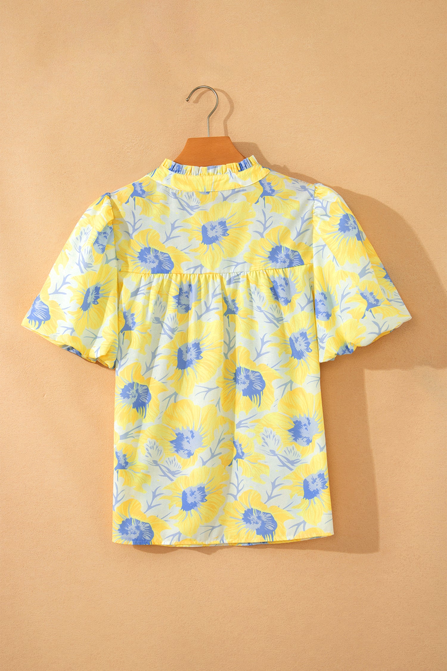 Women's Yellow Short Bubble Sleeve Summer Floral Blouse at LivelyLooks