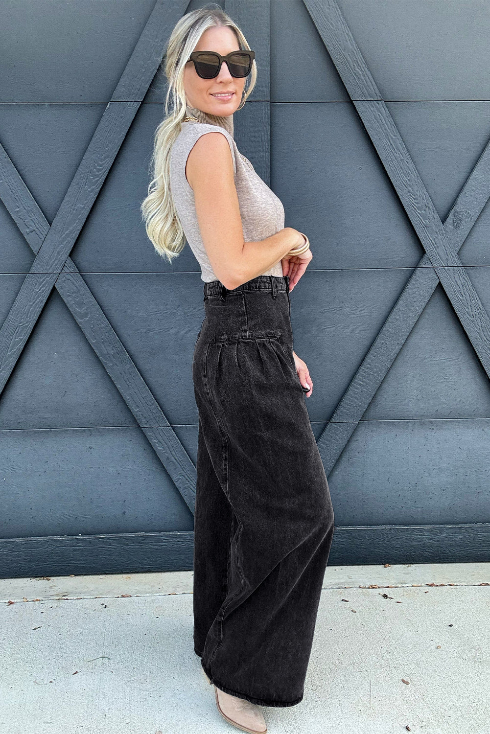 Dark Grey Pleated Wide Leg Mineral Wash Denim Pants | UK 8–18