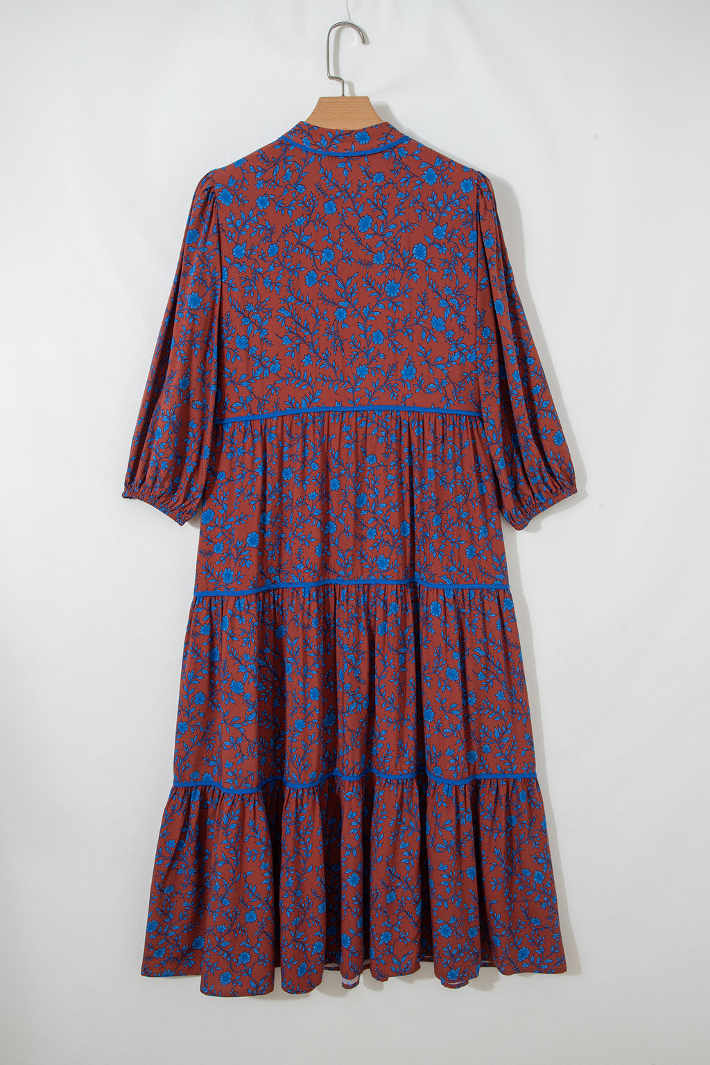 Brown Floral 3/4 Puff Sleeve Tiered Loose Midi Dress S-XL