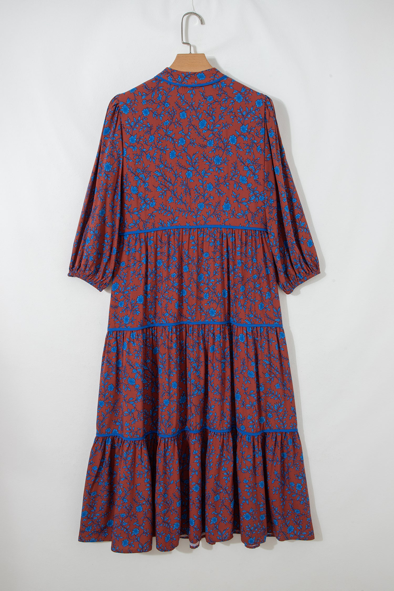 Brown Floral 3/4 Puff Sleeve Tiered Loose Midi Dress S-XL