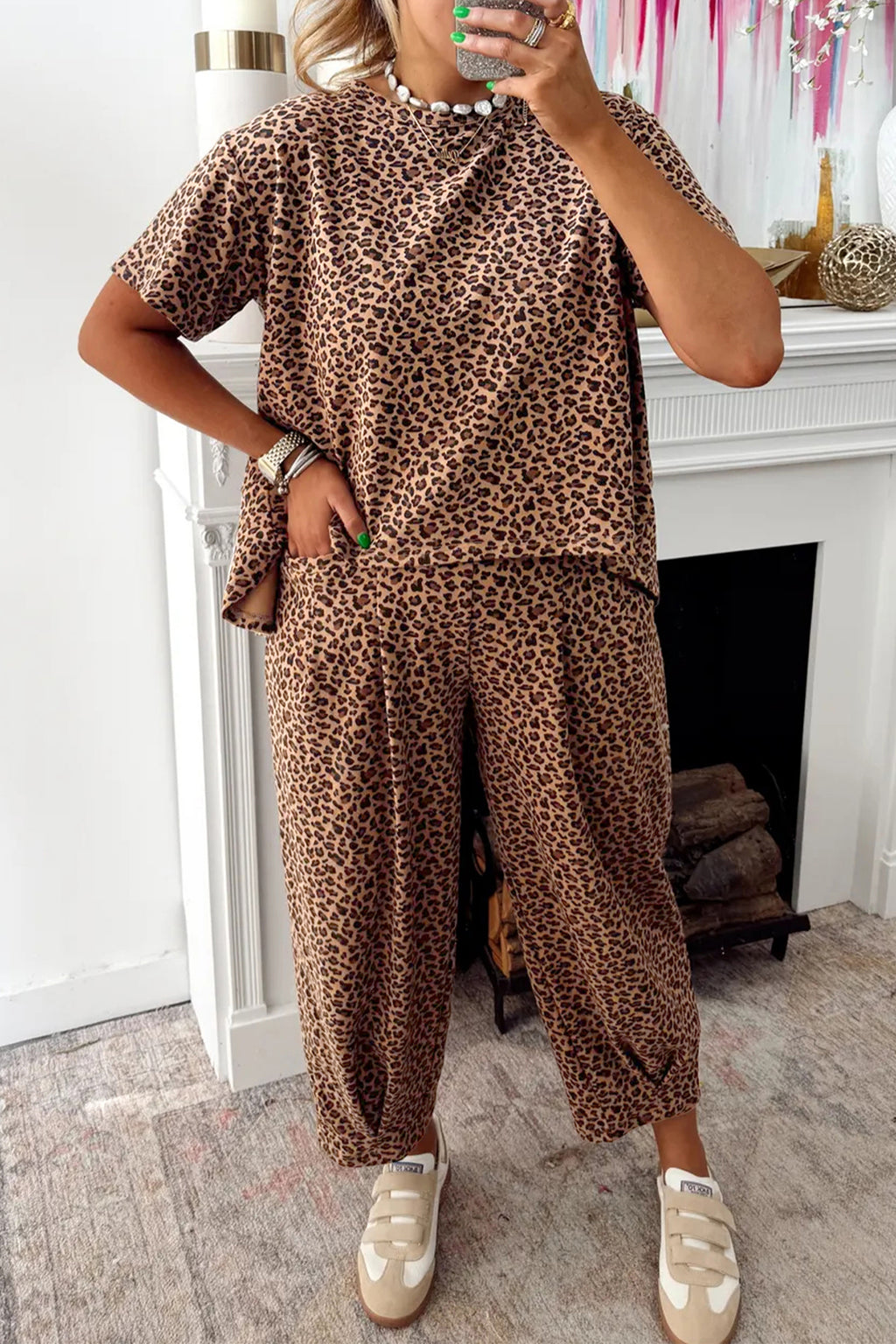 Leopard High-Low Loose Tee & Ankle Length Pants Set | Brown & White | UK 8–22