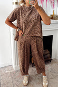 Leopard High-Low Loose Tee & Ankle Length Pants Set | Brown & White | UK 8–22