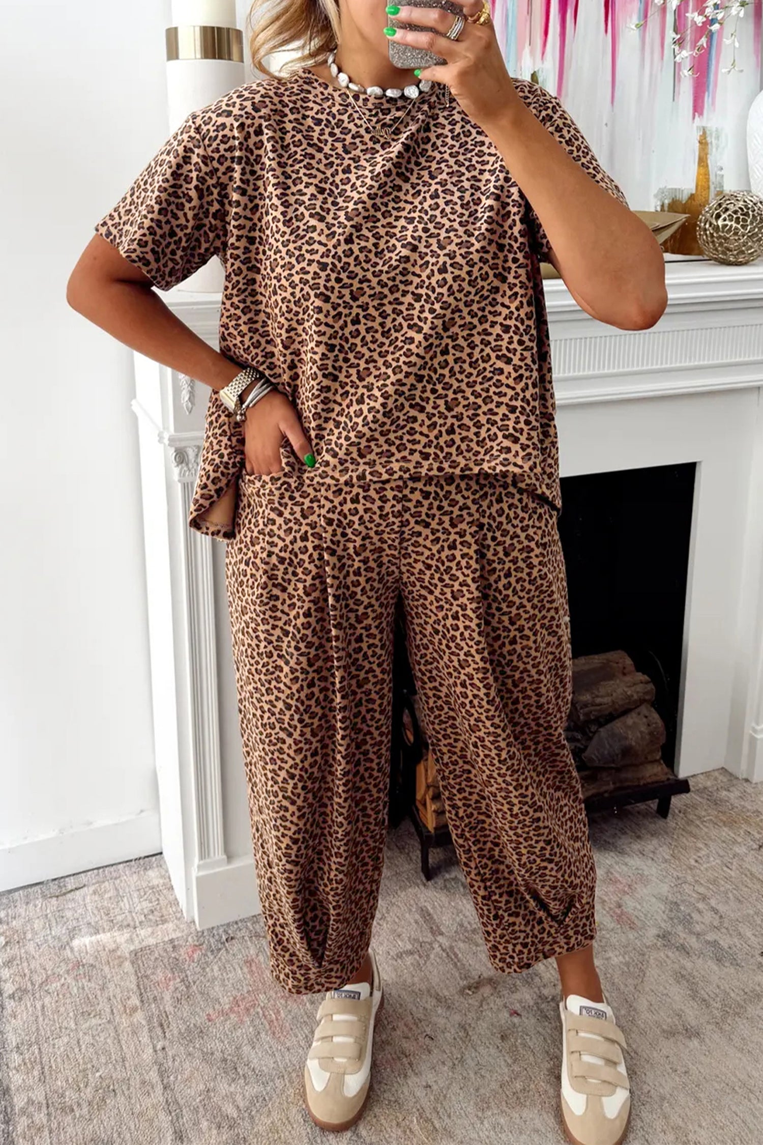 Leopard High-Low Loose Tee & Ankle Length Pants Set | Brown & White | UK 8–22