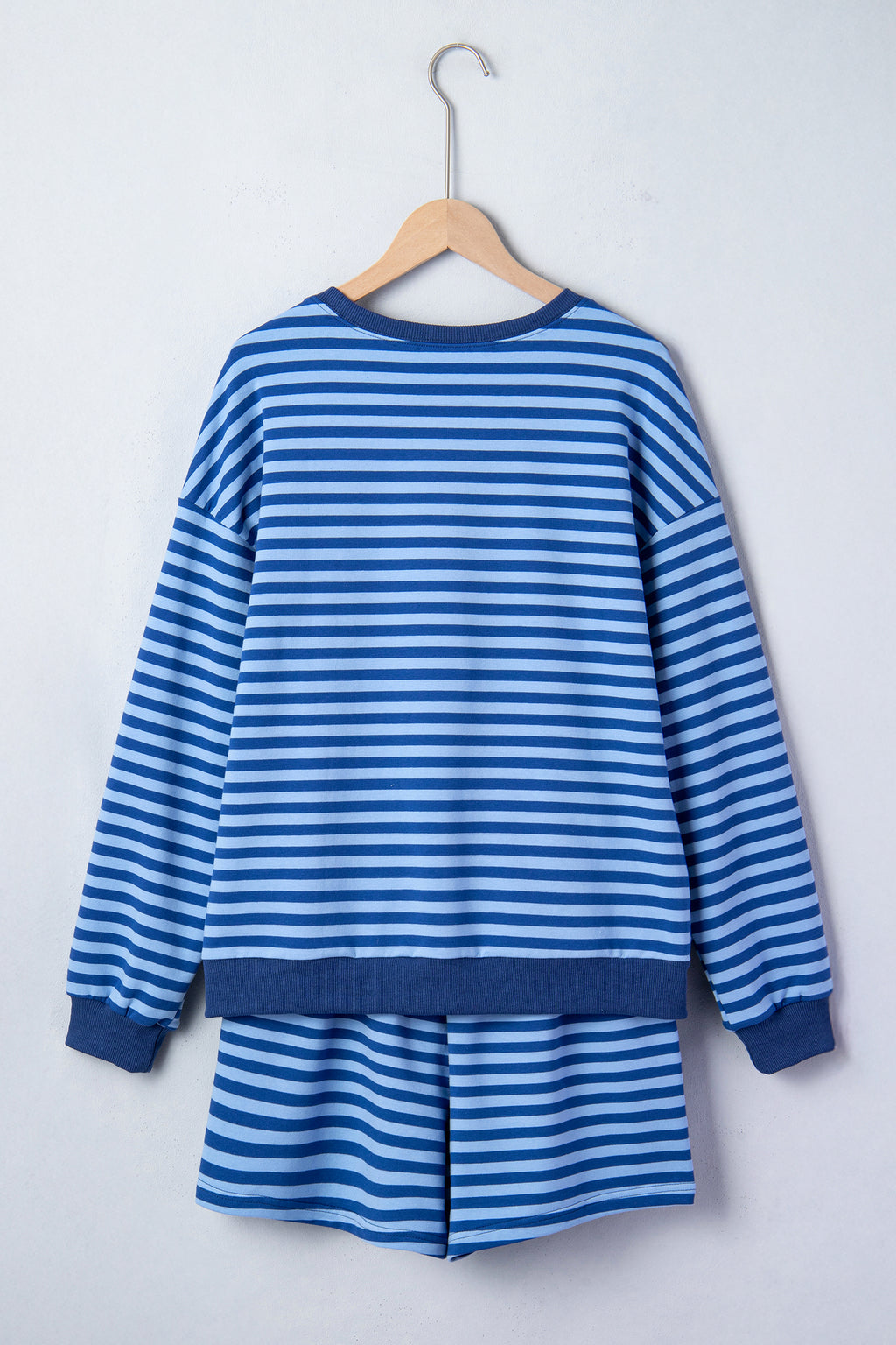Blue Stripe Drop Shoulder Pullover & Elastic Waist Shorts Set
