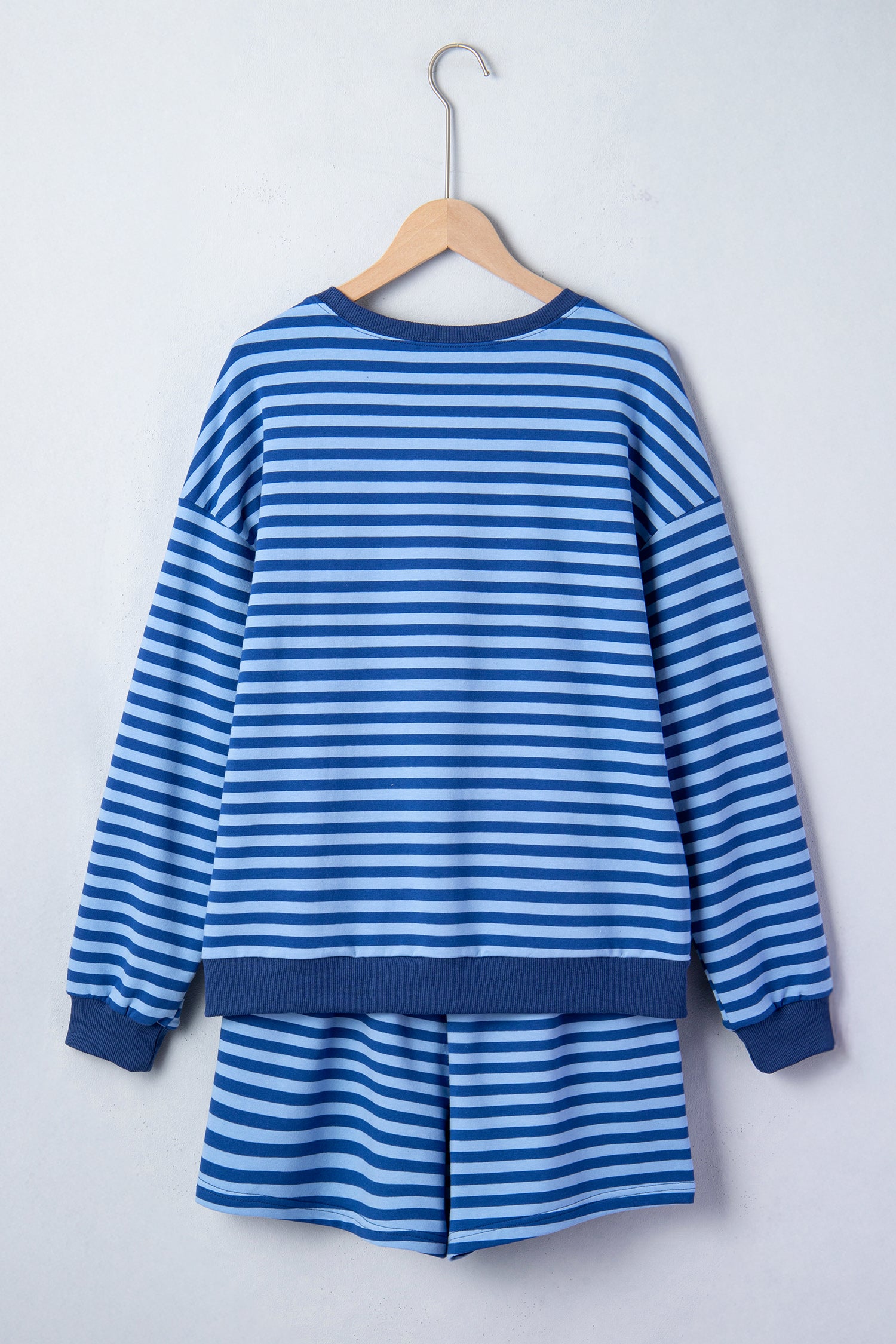 Blue Stripe Drop Shoulder Pullover & Elastic Waist Shorts Set
