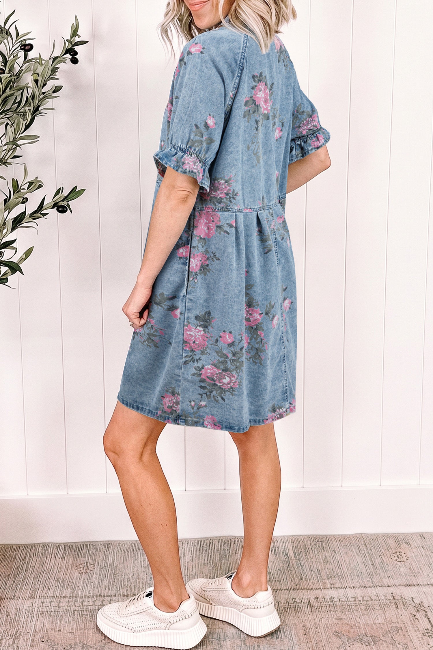 Sky Blue Floral Denim Dress Short Sleeve Button Down Colour Block Collar S-XL