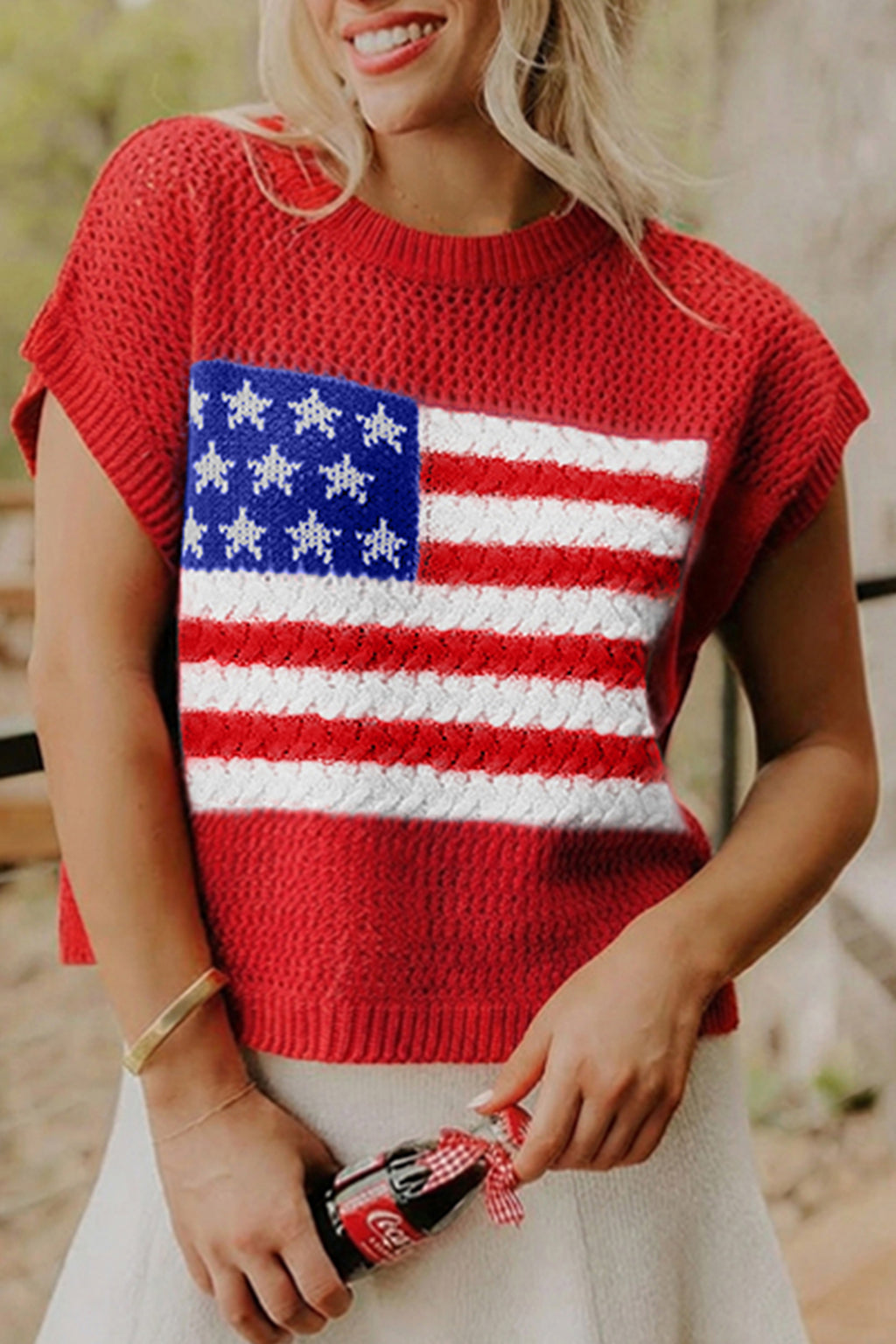 LivelyLooks Fiery Red Flag Graphic Short Sleeve Sweater Top women's fashion