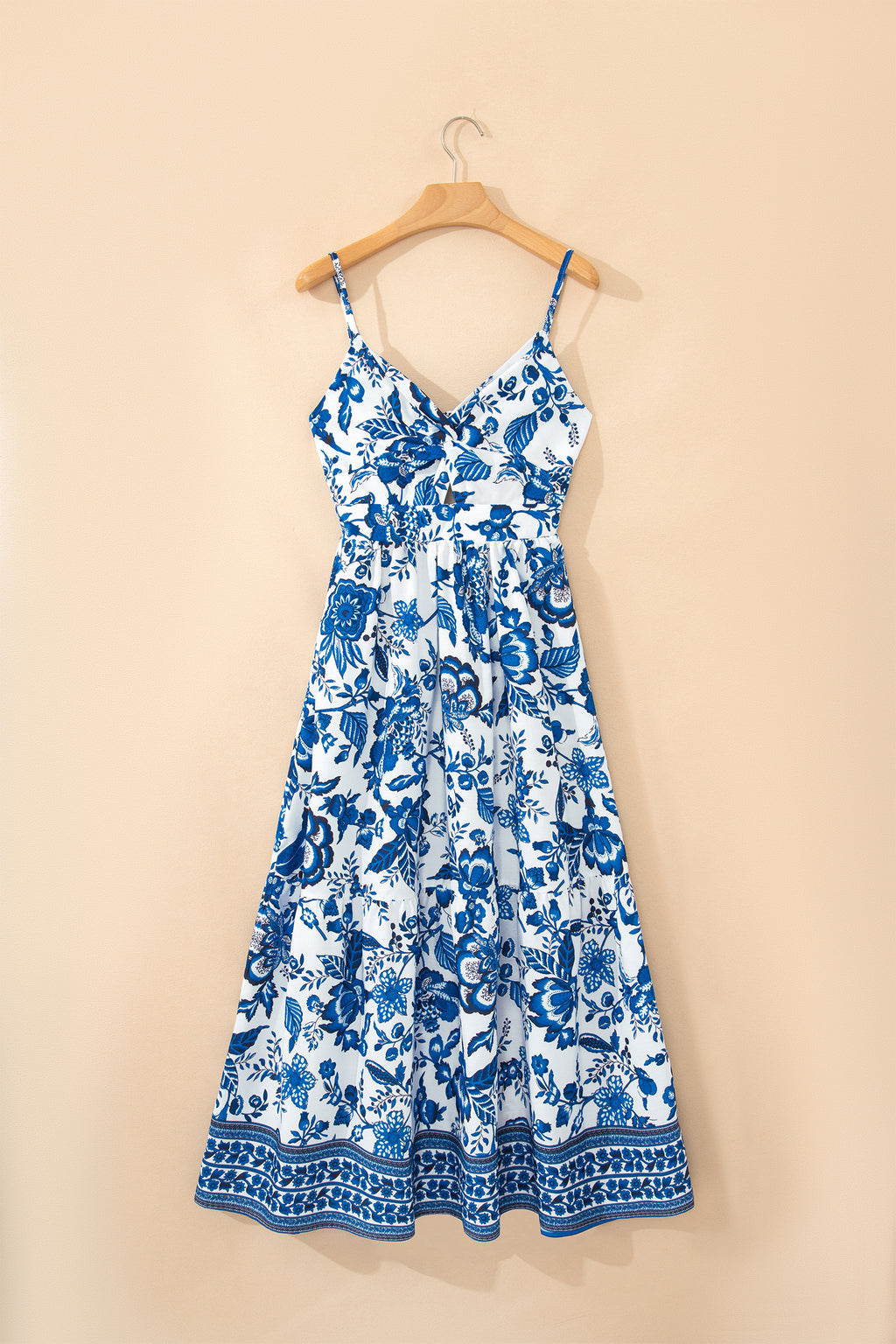 Women's Blue Floral Twisted Bust Spaghetti Strap Backless Maxi Dress S-XL at LivelyLooks
