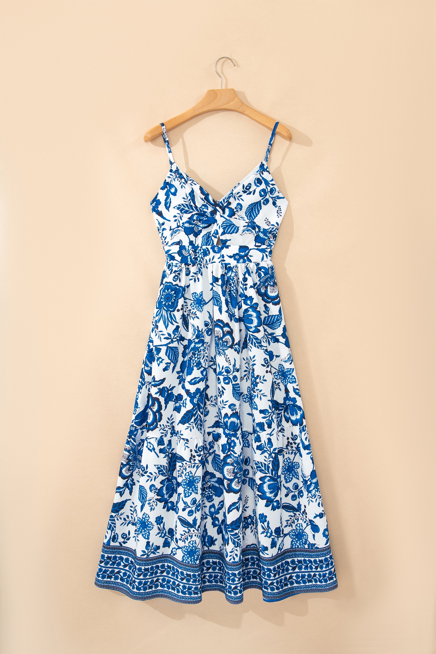 Women's Blue Floral Twisted Bust Spaghetti Strap Backless Maxi Dress S-XL at LivelyLooks