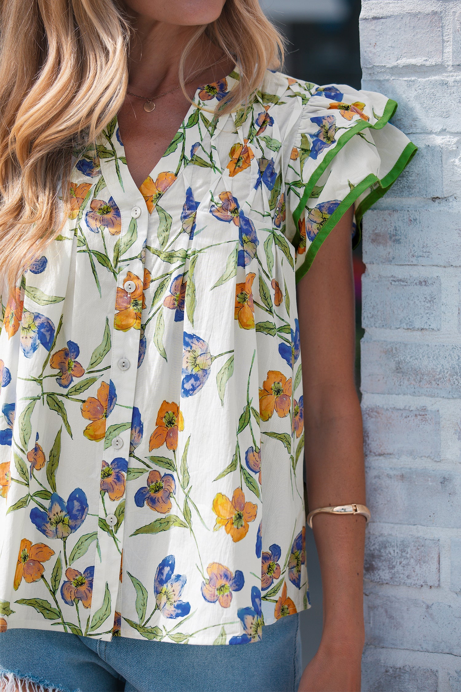 Women's Green Floral Ruffle V-Neck Pressed Pleats Cotton Blouse at LivelyLooks
